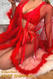 See Through Lace Feather Robe Nightgown For Women Deep-V Cardigan Horn Sleeve Lingerie Night Wear Bathrobes