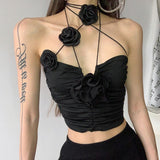 Vintage Sexy Black Rose Halter Camisole Tops All-match Hollow Out Tank Top 2024 Summer New Slim Fit Vest for Women-Outfit