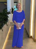 Fongt New Solid-Color Suit Round-Collar Sleb Set Of Bright Bat Shirt Wide Leg Trousers Set For Women