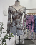Dizziness Printing Mesh T-Shirt T-Shirt Irregular Lotus Leaf Side Ribbon Short Coat