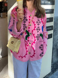 Fongt Women's Clothing 2025 New Pink Casual Wind Flowers Long-Sleeved Blouse Single-D Row V-Neck Jacket Woman