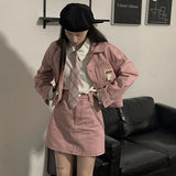 pink Women denim skirt two piece set 2023 summer Korean fashion new turn-down collar short jacket + mini skirt