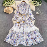 Fongt Retro Court Wind Hollow Lace Splicing Lantern Sleeve Collection Waist Single Buckle Print Dress 2025 Spring Dress