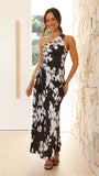 Fongt Women's New Printed Dress Fashion Sexy Slanted Shoulder Folded Empty Dress 8062