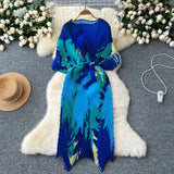 Fongt High-End Dress Women Design Feel Strapped Waist Bat Sleeve Pressure Fold Printing Irregular Dress Dress