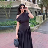 Fongt Women's ZA Summer New Temperament Light Long Shoulder Folded Dress