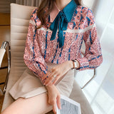 New Long Sleeved Women's Blouse Lapel Bow Printing Shirt Splicing Casual Fashion Top Chiffon Korean Style Female
