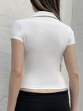 Fongt Style Collar Buckle V-Neck Spliced Chest-Type Umbilled T-Shirt Hottie Temperament Female Casual Top