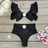 Solid-Color High-Waisted Bikini 2025 New Split Swimsuit Female Lotus Edge Bikini Export