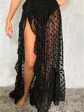 Women Mesh Sheer Beach Bikini Cover Ups Vacation Sunscreen Wrap Skirt 2023 New RufflesDot High Waist Split Bikini Cover Up-Outfit