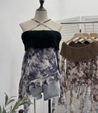 Real Shot Shoulder Cross Hanging Neck Knitting Mesh Yarn Coat Irregular Ribbon Horn Long-Sleeved T-Shirt