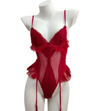 Fongt Pajamas Woman 2025 New Summer Thin Red Lace Belly Pocket High-End Sense With A Joint Coat Homewear