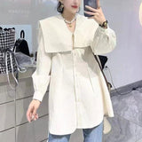 Lady Sailor Collar Shirt Korean Loose Spring Autumn Sashes Commute Female Clothing Single-breasted Casual Basic Blouse-Outfit