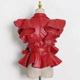 Casual Patchwork Leather Coats For Women Lapel Ruffles Sashes Short Slim Jackets High Street Female 2022 Spring