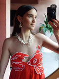 Fongt Sensense Fish-Shaped Three-Dimensional Embroidered Chest Pressure Folded Red Sling Dress 2025 New Spring And Summer