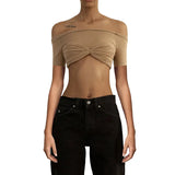 Through Mesh Crop Top Women Pullovers Strapless Short Knit Cropped Tops Ladies Tee Shirt Sexy Off-shoulder T-shirt-Outfit
