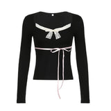 Desire Girls Feel Lace, Bow, Stitching, Slim, Sweet And Spicy V-Collar Long-Sleeved T-Shirt