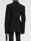 Fongt Trend Top 2024 Autumn New See-Through Sexy Mesh Stitching Lapel Suit Jacket Female-Outfit