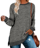 / Winter 2023 New Round Collar Color Open Fork Top Loose Head T-Shirt And Long Sleeves-Outfit