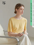 Round Neck Short Regular Sleeve T-shirt Loose Straight Midweight Office Lady Solid Yellow Drape Short