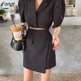 SkirtSet Women 2023 Summer New Style Bubble Short Sleeve Loose Temperament Suit Skirt Set Blazer and Skirt Set Skirt