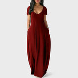 Fongt New Plus-Size Women's Solid Color Dress Sexy Deep V Short-Sleeved Dress-Outfit