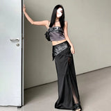 Fongt Summer New Women's Leather Buckle Print Chest Wrapped Small Vest Belt Slit Skirt-Outfit