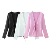 Bowknot Silk Satin Long-Sleeved Shirt In Spring-Outfit
