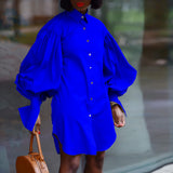 Fongt Summer Large-Size Loose Bubble Sleeves Solid-Color Open-Sleeved Shirt Dress Dress