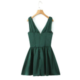 Green Stain Pleated V-neck Mini Dress-Outfit