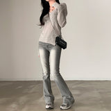 Solid Color V-Neck Elastic Knitted Tee-Outfit