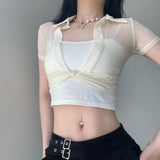 Fongt Sexy Thin Spring Perspective Open Fork Design T-Shirt Hottie Short External Mesh Sunscreen Shirt