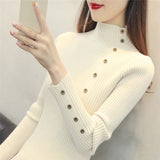 Elegant Turtleneck Women Knitted Pullover Sweater Fashion Autumn Long Sleeve Jumper Button Korean Pink Winter
