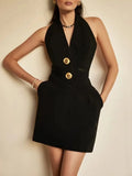 Fongt Spring New Short-Sized And Hip Dress Femininity Sleeveless Hanging Neck Deep V Neck Open Back To