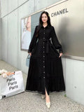 Fongt High-End Retro Collar Single Buckle Lantern Sleeve Dress Women's Hollow Lace To Receive Long Waist Skirt