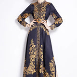 Fongt Retro Elegant Print Dress Women's Spring New French Court Style Waist Single Buckle Long Dress