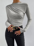 Fongt Summer Solid Color Round Collar Repair Shirt Bran Folding Design Women's Long-Sleeved Top