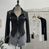 Real Shooting Irregular Zipper Collar Short Small Coat With Long Sleeves And Bottom Shirt