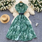 Fongt 2025 New Clip Short Sleeves Lightly Knee Vintage Printed Dress Elegant Waist Grand Slap