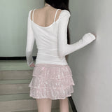 Sexual Wind Lace Splicing Bow Hollowed-Out Long-Sleeved Knitted T-Shirt A Variety Of Thin Solid Color Blouse-Outfit