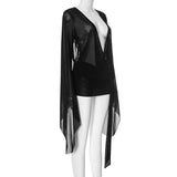 Black Mesh Low Cut Long Sleeve Mini Dress Beach Cover-Outfit