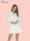 Summer White Dress Women 2022 Elegant Hollow Out Cotton A-Line Long Sleeve V-Neck Lace Up Dresses With Lining Party