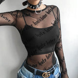 Fongt Letter Personality Print Perspective Sexy Mesh Long Sleeve T-Shirt Top Female-Outfit
