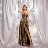 Fongt Women's Clothing Hanging Neck Dress Sexy Evening Dress Forked Sleeveless Gold Showback 8110
