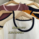 Color Threaded Round Collar Short-Sleeved T-Shirt Women's New Slim And Unique Chic Blouse In Spring And