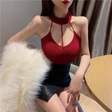 Women Slim Knitting Sexy Halter Camisole Tops Female Bodycon Elastic Tanks Sleeveless Basic Solid T shirts Crop Top-Outfit