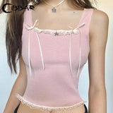 Pink Sweet Coquette Cropped Top Women Cute Bandage Bow Patchwork Metal Star-shape Tank Top Kawaii Summer Tees y2k Vintage-Outfit