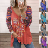 Collar Cotton Blend Pullover Print Long Sleeve Loose T-shirt