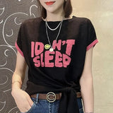 Sleeve Casual Broken Flowers Letter Printed Pullovers Women's Clothing Stylish Bandage Bow Summer O-Neck Spliced T-shirt-Outfit