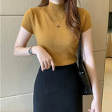 Knitted T-shirts Turnelneck Tees Plain Solid Knitted Short Sleeve Casual O-neck T-Shirts For Women 2020